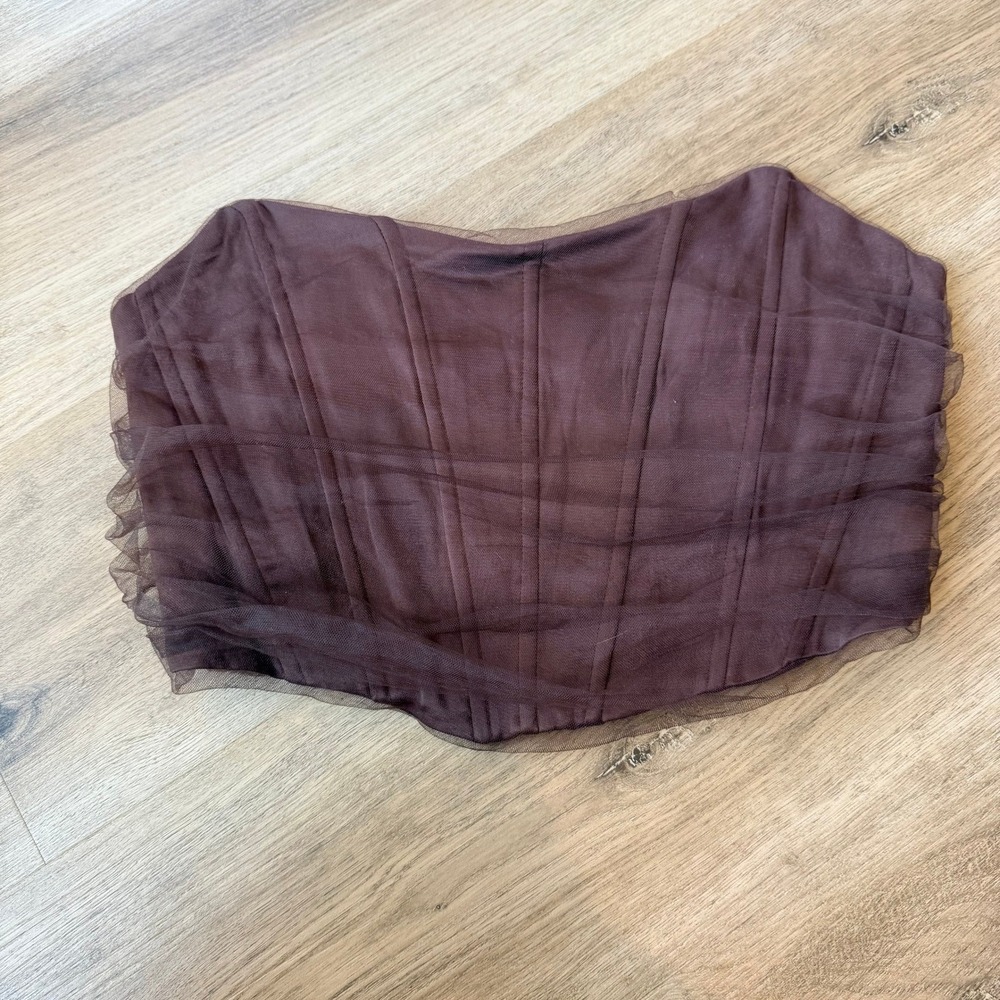 Zara Brown Tulle Mesh Corset Top Boning Side Zip Womens Size Small